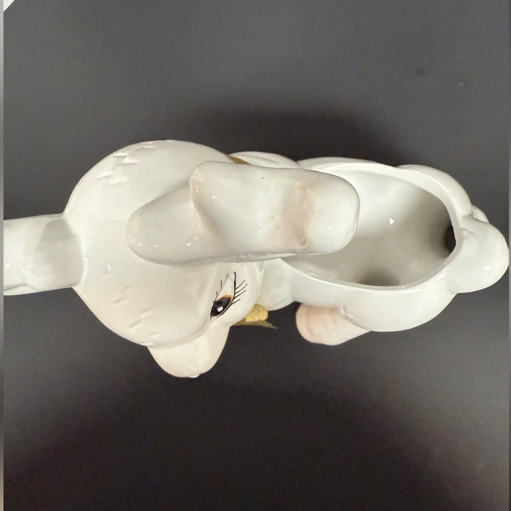 1990’s White Ceramic Reindeer Planter with Gold Bow & Greenery EUC